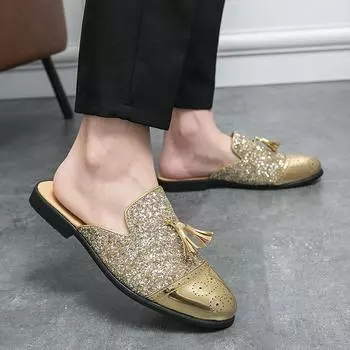 Модные летние полутапочки сандалии мокасины блестящие мужские туфли удобные уличные мокасины легкие сандалии на плоской подошве большой размер 47 38 чёрный