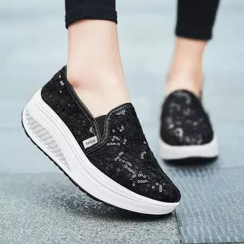 Модные летние повседневные черные женские туфли на покатом каблуке, модные повседневные туфли, однотонные туфли с вырезами из пайеток, кружевные туфли на платформе 36 чёрный