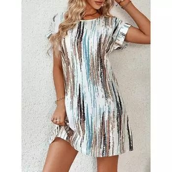 Модные летние повседневные платья с коротким рукавом, женские, с круглым вырезом, свободная талия, элегантное женское платье с винтажным цветочным принтом, облегающее женское короткое платье А-силуэта 25937 S