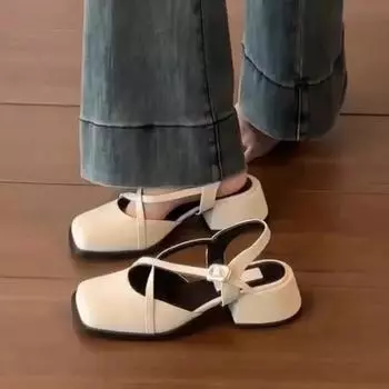 Модные летние повседневные женские сандалии Baotou, модные женские туфли на плоской подошве с пряжкой и ремешком, женские туфли для вечеринок с неглубоким носком, сандалии на квадратном каблуке 35 бежевый