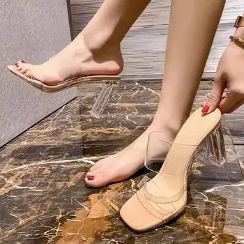 Модные летние прозрачные туфли-лодочки, сандалии, женские пикантные элегантные прозрачные тапочки на высоком каблуке на среднем каблуке 35(5cm) абрикосовый