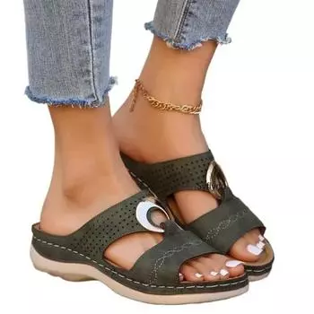 Модные летние роскошные сандалии женские пляжные тапочки на покатом каблуке полые повседневные тапочки туфли на покатом каблуке ретро тапочки размер 35-44 35 темно-зеленого