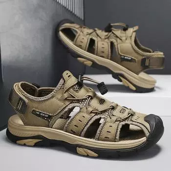 Модные летние сандалии 2024 года, мужские пляжные тапочки, ручная работа, натуральная кожа, мужские тапочки, повседневные нескользящие сандалии для отдыха на открытом воздухе, мужские 38 хаки