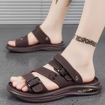 Модные летние сандалии для мужчин, мягкие повседневные спортивные тапочки из кожи, нескользящие дышащие римские туфли, пляжные шлепанцы, садовая обувь 38 чёрный