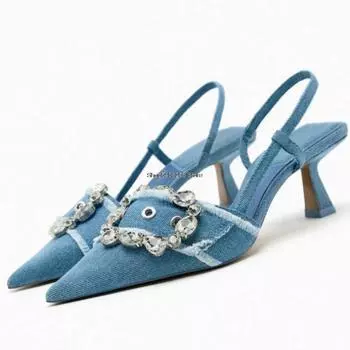 Модные летние сандалии из джинсовой ткани, женские туфли на высоком каблуке, женские сандалии со стразами, повседневные сандалии для отдыха на природе, женские тапочки 35 синий