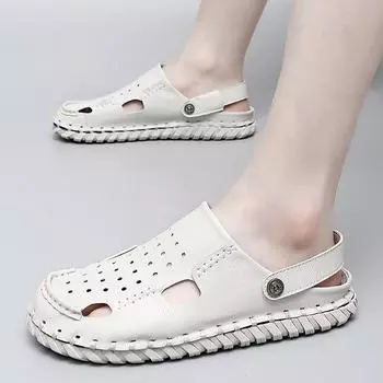 Модные летние сандалии из кожи класса люкс, нескользящие, удобные мужские туфли, дышащие, полые, мужские, сандалии из мягкой кожи для пляжного отдыха 38 чёрный