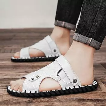 Модные летние сандалии мужские кожаные классические римские сандалии новые тапочки уличные кроссовки пляжные резиновые шлепанцы мужские водные походные сандалии 38 чёрный