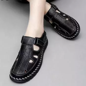 Модные летние сандалии ручной работы, мужские сандалии, кожаные сандалии с вырезами, мужская удобная повседневная обувь, универсальная стильная мужская обувь 38 чёрный