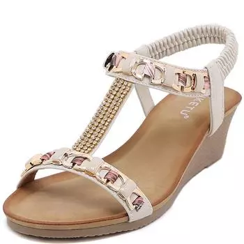 модные летние сандалии с плоским носком и эластичными металлическими блестками женские повседневные женские сандалии в римском стиле с застежкой-рыбьим ртом для женщин 36 абрикосовый