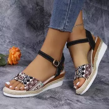 Модные летние сандалии с подошвой из пеньковой веревки с пряжкой, европейские и американские, большого размера, на танкетке, женские бохо-рыбьи сандалии в стиле импортной торговли 36 хаки