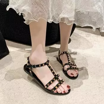 модные летние сандалии женские заклепки черные белые туфли Sandalias Mujer Verano 2024 сандалии женские туфли тапочки Sapatos Femininos 40 чёрный