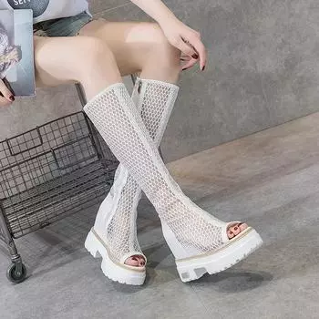Модные летние сапоги 2024 года, сетчатые женские модные удобные туфли с увеличенным ростом, женские сандалии на платформе длиной до колена с круглым носком на молнии 34