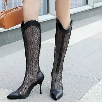 Модные летние сапоги на высоком каблуке для женщин 2024 года, весенние сапоги с острым носком и шнуровкой, длинные сапоги для танцевальной вечеринки, женские сапоги больших размеров 34 бежевый