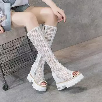 модные летние сапоги, увеличивающие рост, женские, длиной до колена, на платформе, женские, с круглым носком, сандалии на молнии, сетчатые женские, модные каблуки для женщин 34