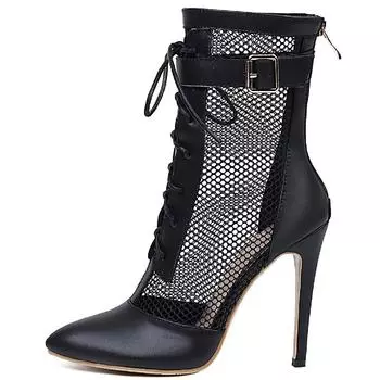 Модные летние сапоги, женская обувь, сексуальные ботильоны с острым носком, черные, белые, на высоком каблуке, на шнуровке, танцевальная обувь для вечеринок, женская, большого размера 34 чёрный