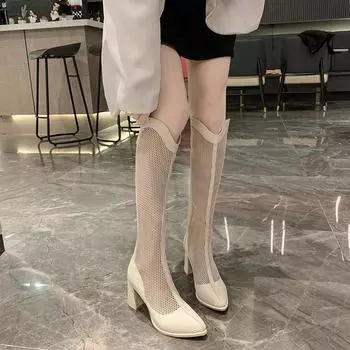Модные летние сетчатые сапоги, женские сапоги с острым носком до колена, универсальные женские туфли на толстом каблуке, сапоги на высоком каблуке 2024 года, новые вестерн-сандалии 34 чёрный