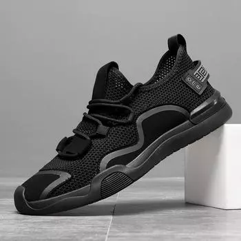 Модные летние сетчатые туфли мужские кроссовки дышащие легкие мужские повседневные туфли на шнуровке обувь для ходьбы спортивная обувь для бега теннис мужские 38 чёрный