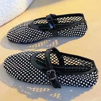 Модные летние сетчатые туфли на плоской подошве с ажурным дизайном, женские роскошные туфли Мэри Джейн, украшенные стразами, для женщин, легкие дышащие пляжные сандалии 35 белый