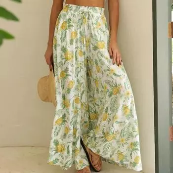 Модные летние широкие брюки, женские повседневные свободные брюки с принтом, женские пляжные брюки с эластичной резинкой на талии и шнурком 25113 S чёрный