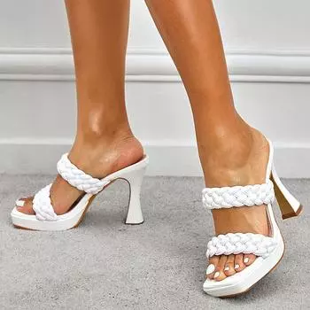 Модные летние шлепанцы из плетеной кожи ручной работы, женские шлепанцы на высоком каблуке с открытым носком и толстой подошвой 37 белый