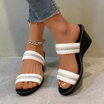 модные летние шлепанцы женские тапочки на танкетке модные туфли на платформе с открытым носком босоножки на танкетке туфли с ремешком и кристаллами для женщин размер плюс 42 36 чёрный