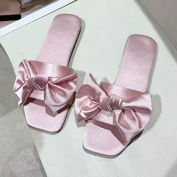 Модные летние современные тапочки на низком каблуке на плоской подошве с 2024 г. Высококачественная женская обувь с застежкой-бабочкой, женские тапочки 35 шампанского