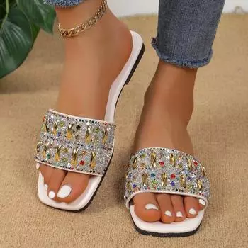 Модные летние тапочки большого размера для женщин, новые женские пляжные тапочки на плоской подошве, женские сандалии с бриллиантами, роскошная дизайнерская черная обувь для отдыха на открытом воздухе 36 чёрный