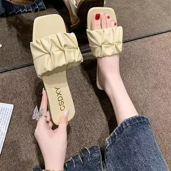 Модные летние тапочки для женщин на плоской подошве 2024 года, новые плиссированные корейские тапочки, женские сандалии, зеленые туфли без застежек, большой размер 35-42 36 чёрный