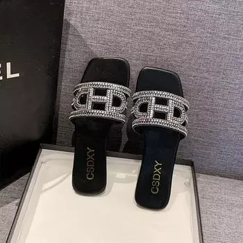 Модные летние тапочки для женщин, новые женские пляжные тапочки на плоской подошве, женские сандалии с бриллиантами, обувь для активного отдыха, роскошный дизайнер, размер плюс 42 35 бежевый