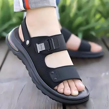 Модные летние тапочки мужские Модные тенденции Мужские сандалии для отдыха на природе Роскошная кожаная мужская повседневная обувь Пляжные сандалии для мужчин повседневная обувь 6.5 чёрный