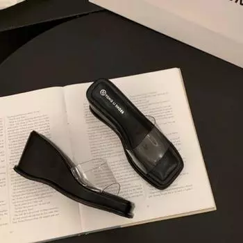 модные летние тапочки на высоком каблуке с танкеткой женские туфли модные однотонные неглубокие сексуальные наружные женские тапочки 35 бежевый