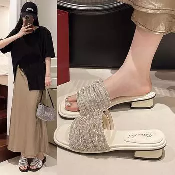 модные летние тапочки обувь женская роскошные туфли со стразами 2024 модные тапочки сандалии вечерние низкие каблуки 35 бежевый