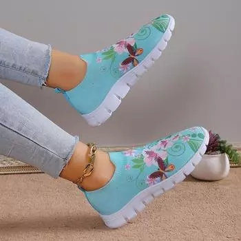Модные летние трикотажные туфли на плоской подошве для женщин, размер плюс 43, дышащие сетчатые мокасины с цветочным принтом, женские, осенние туфли без застежек для ходьбы 2024 года, Mujer 35