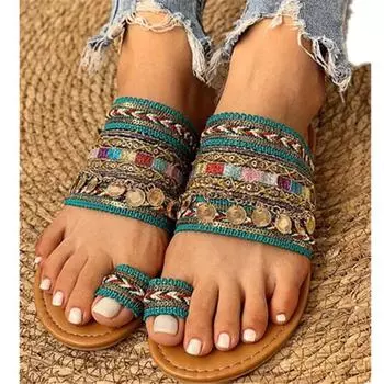 Модные летние туфли больших размеров с металлическими декоративными пайетками на плоской подошве в римском стиле с открытым носком, женская обувь в продаже 35 зелёный