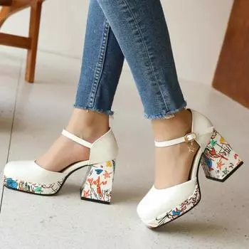 Модные летние туфли большого размера для женщин. Элегантные босоножки на высоком каблуке с ремешками на щиколотке. Туфли-лодочки с квадратным носком. Белые и черные туфли для вечеринок и танцев. Женская обувь 34 чёрный