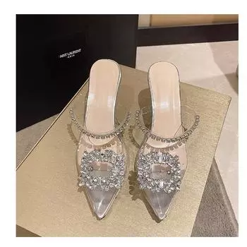 Модные летние туфли, босоножки со стразами, прозрачные хрустальные туфли на высоком каблуке, женские туфли на шпильках, сексуальные туфли с острым носком, туфли-лодочки для свадебной вечеринки 35 серебряный