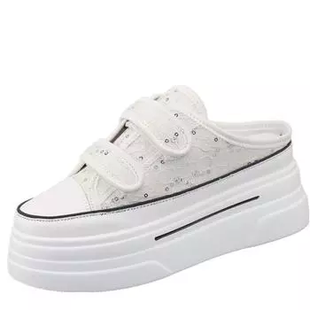 модные летние туфли из парусины с толстой подошвой и внутренним усилением, полупрозрачные женские туфли Muffin A Pedal Lazy Shoes женские повседневные дышащие тапочки 34 белый