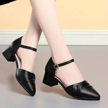 Модные летние туфли-лодочки для женщин, элегантные босоножки на среднем каблуке, высокие каблуки 2024 года, удобные женские сандалии, простая модель Grace 35(Foot22.5cm)