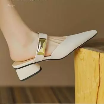 Модные летние туфли-мюли с острым носком, женские туфли на низком каблуке с кристаллами, 2024, сексуальные босоножки с открытой пяткой, новое платье Zapatos, женские 35 бежевый