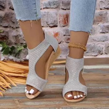 Модные летние туфли на каблуке для женщин 2024 года, новые женские босоножки на танкетке с молнией сзади, повседневные женские босоножки на высоком каблуке в стиле ретро для активного отдыха 36 чёрный