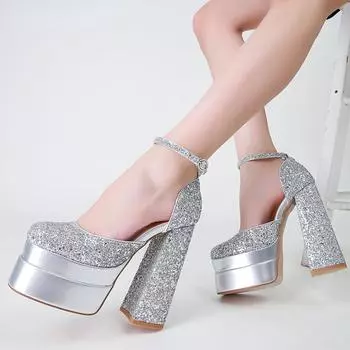 модные летние туфли на толстой подошве для вечеринок, подиумный стиль, модные туфли на платформе с блестками, женские туфли-лодочки на ультра-высоком каблуке 14 см, сексуальные сандалии-гладиаторы 35 чёрный