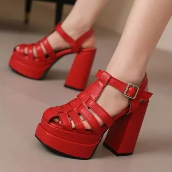 Модные летние туфли на высоком каблуке для женщин, сандалии на платформе 2024, большой размер 44, 45, 50, черные, белые, красные, танцевальные туфли для вечеринок, женские туфли-лодочки 34 чёрный