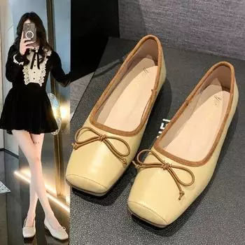модные летние туфли женские на низком каблуке с бантом разноцветные повседневные женские кроссовки с неглубоким носком и квадратным носком элегантные женские мокасины Fl 35 бежевый
