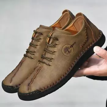 Модные летние высококачественные мужские повседневные туфли из кожи для прогулок на открытом воздухе со шнуровкой, модные мужские мягкие туфли для отдыха и вождения 38 хаки