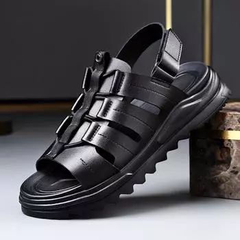 Модные летние высококачественные сандалии на толстой подошве из воловьей кожи сандалии с застежкой-молнией на мыске для прогулок на открытом воздухе мужская повседневная обувь 38 чёрный