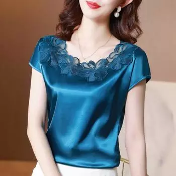 Модные летние женские атласные рубашки и блузки с вышивкой в виде цветов 2023, женские свободные кружевные шелковые футболки с короткими рукавами, топы 24639