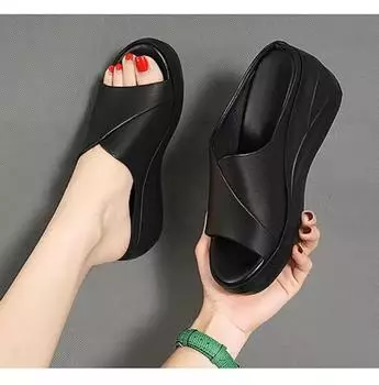 Модные летние женские босоножки 2024 года с нескользящей толстой подошвой из мягкой кожи с рисунком «рыбий рот», женские повседневные тапочки на танкетке 40 35 бежевый