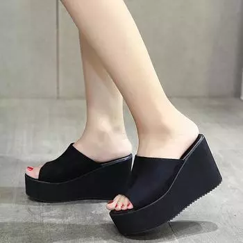 Модные летние женские босоножки без шнуровки на танкетке, модная женская повседневная обувь на платформе и высоком каблуке с открытым носком 35 чёрный