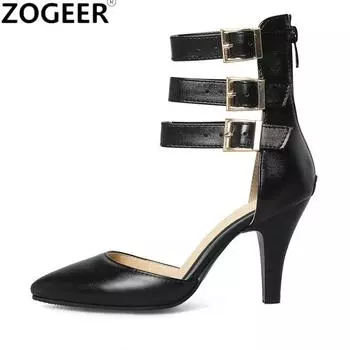 Модные летние женские босоножки большого размера 46, сексуальные ботильоны на высоком каблуке с острым носком, с ремешками, гладиаторские ботильоны, красные, черные, с пряжкой, свадебные туфли для вечеринки 34 чёрный