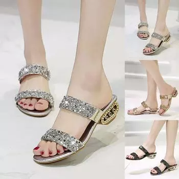 Модные летние женские босоножки на толстом каблуке, низком каблуке с двойным ремешком и блестящими блестками, пикантные 36